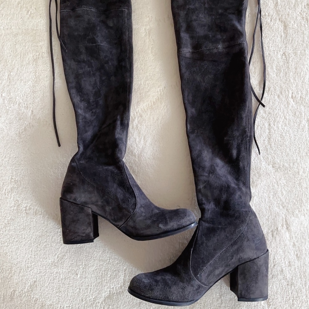 Stuart Weitzman Over the Knee Dark Grey Suede Boots, 3-inch block heel